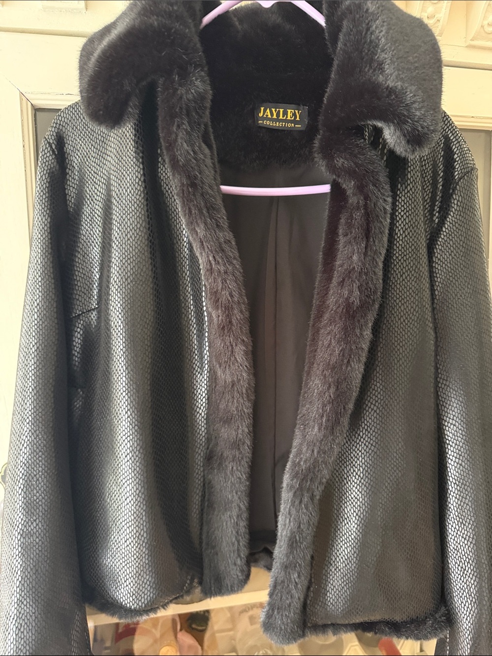 JAYLEY
Black Faux Suede Check Jacket with Faux Fur Trim